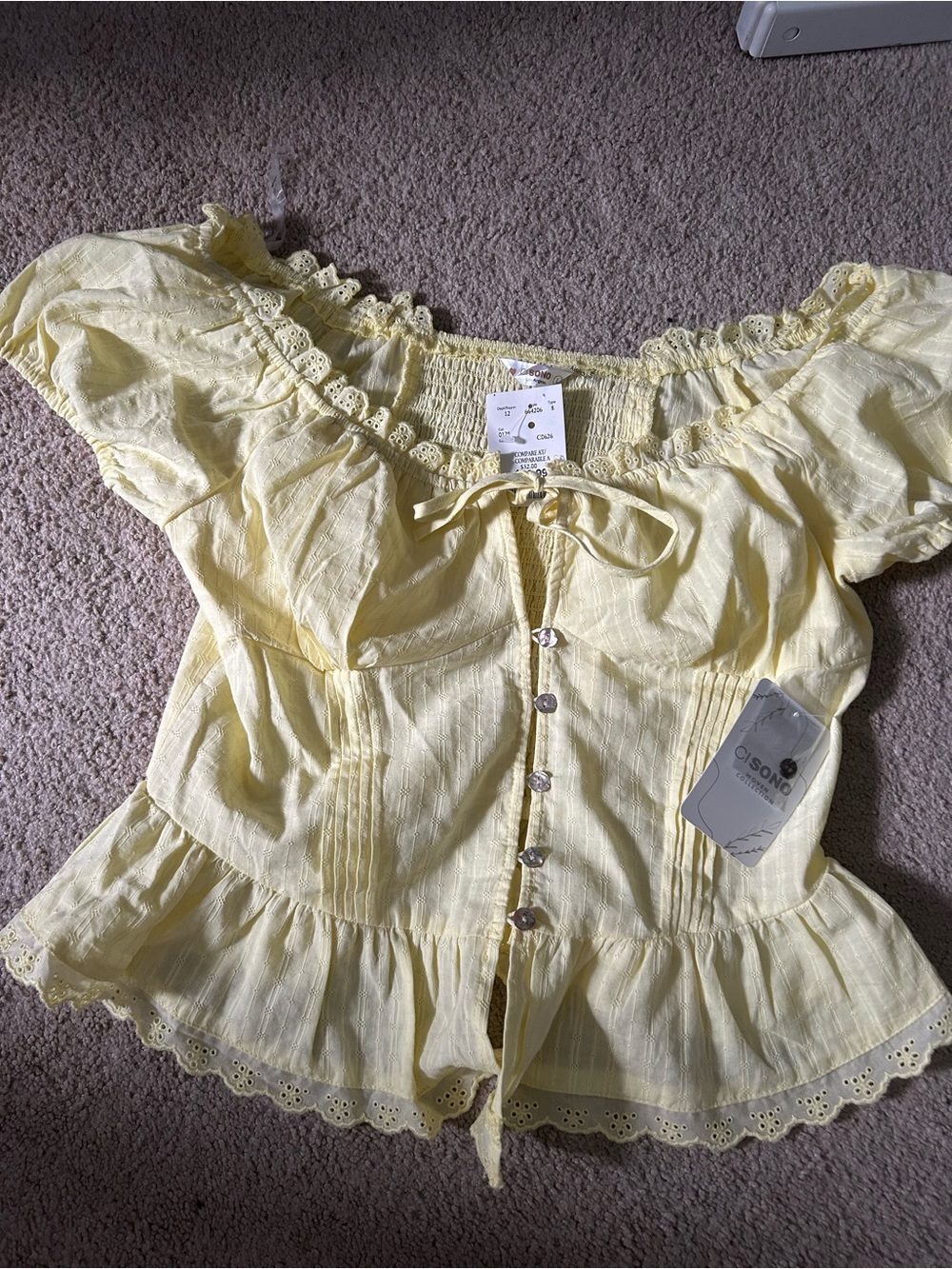Ci Sono Pale Yellow Eyelet Trim Peplum Blouse